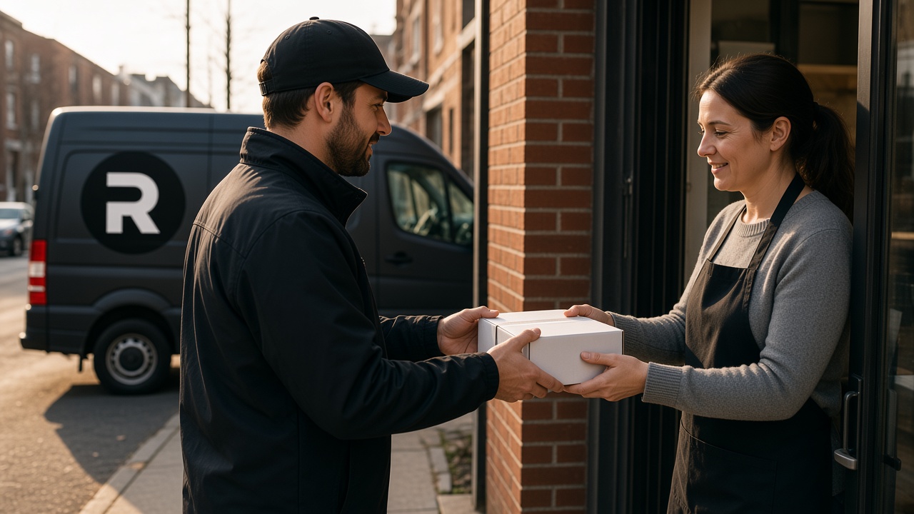 Ryde courier handing a lightweight parcel to a shop at the door