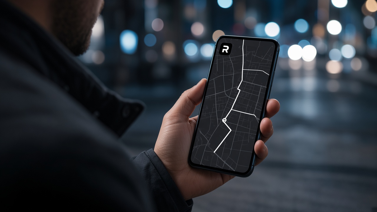 Phone showing a live last mile route on a Ryde tracking map